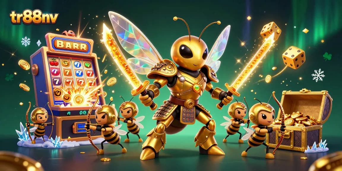Experience thrills at tr88nv with a vibrant casino scene filled with dynamic slot machines and golden hornet warriors.