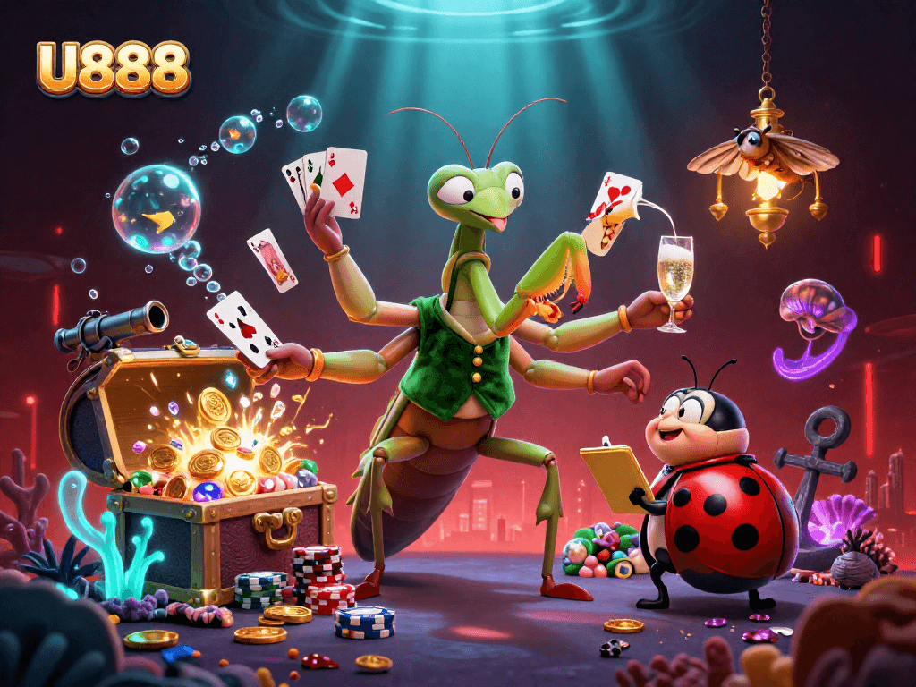 Experience U888's thrilling casino vibe with a giant mantis, ladybug pit boss, and golden treasures!