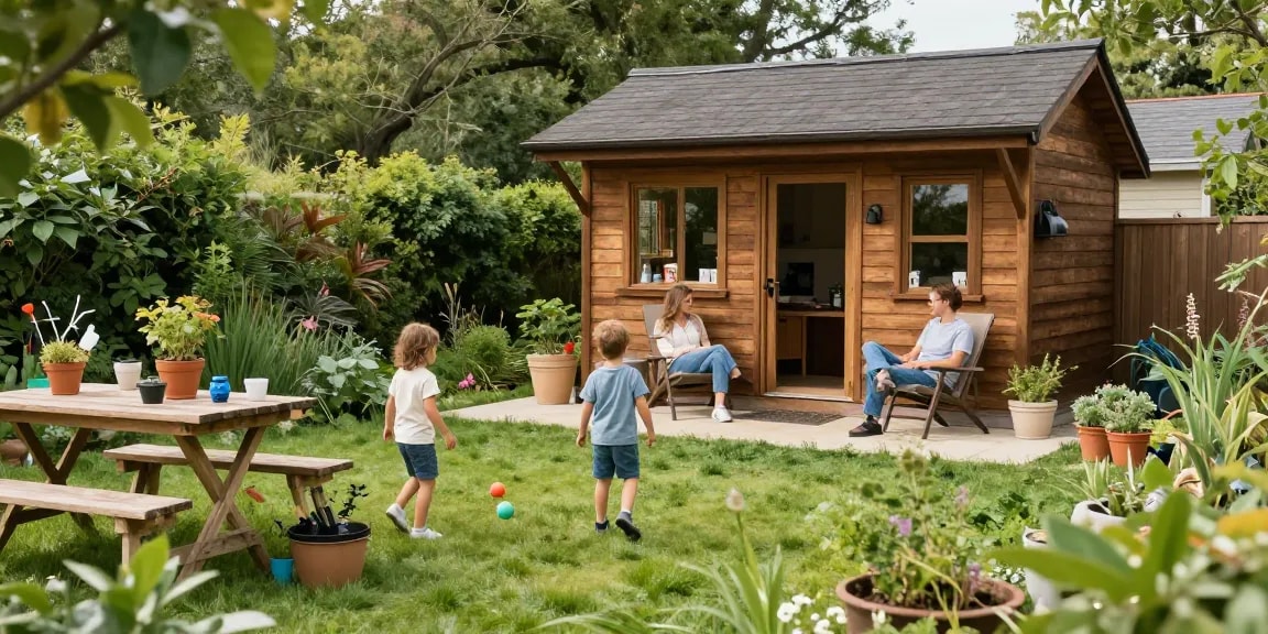 Schönes Gartenhaus in einem gepflegten Garten mit spielenden Kindern und entspannenden Erwachsenen.