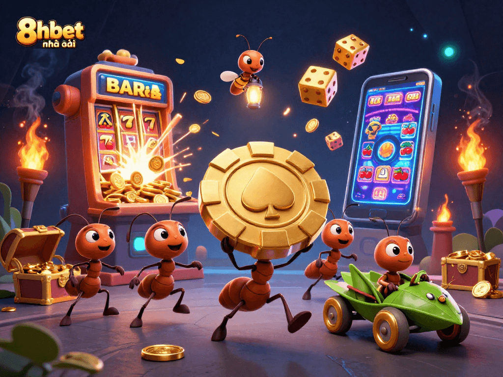 Experience thrilling gaming action at 8xbet nhà cái with cartoon ants on a heist in this vibrant 3D illustration.