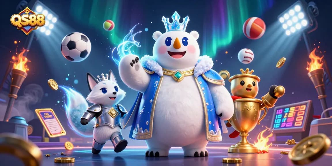 Engage with QS88 gaming dynamics through an enchanting illustration of a polar bear and snow fox amidst sports betting elements.