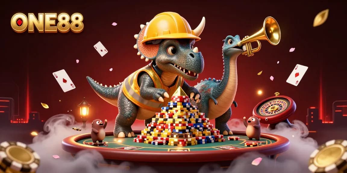 Engage with ONE88 through a vibrant casino scene featuring lively characters and dynamic elements.