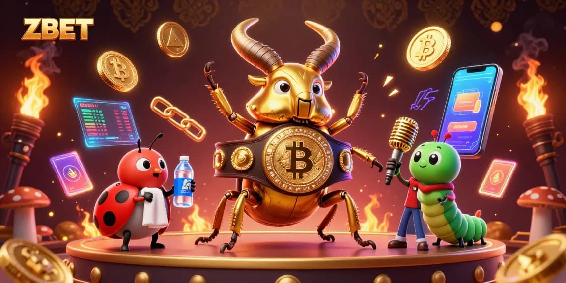 ZBET showcases vibrant 3D cartoon characters in a dynamic casino scene filled with cryptocurrency elements.