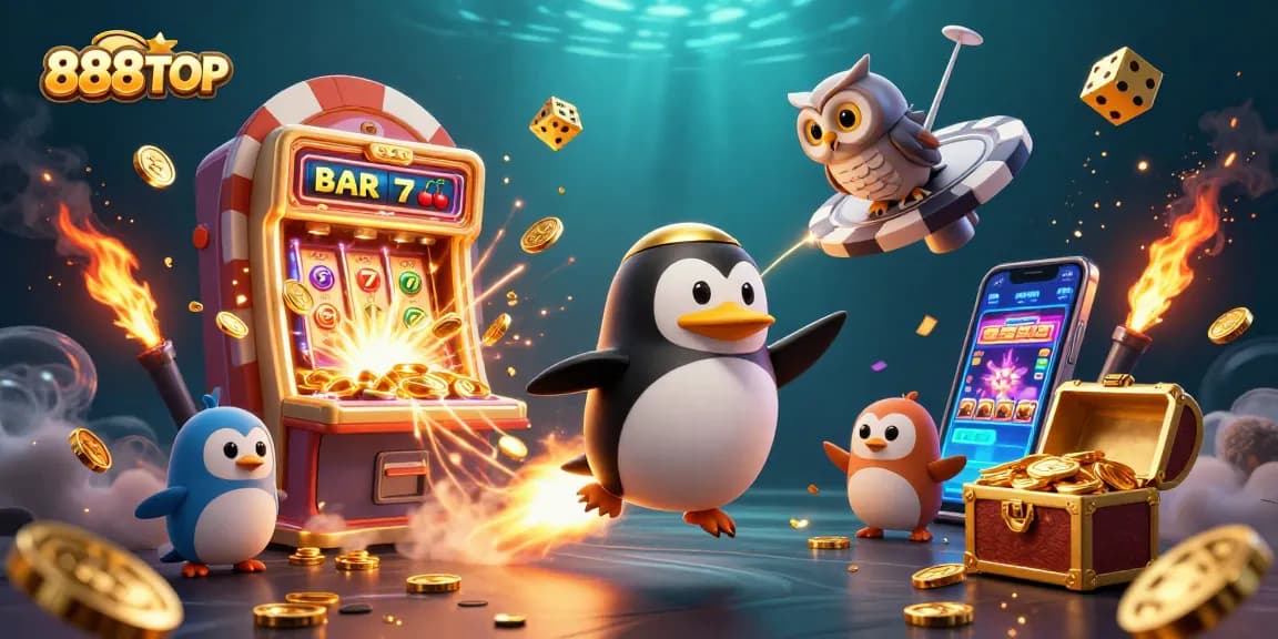 Experience the thrill of winning at 888TOP with a rocket-powered penguin soaring towards a vibrant casino.
