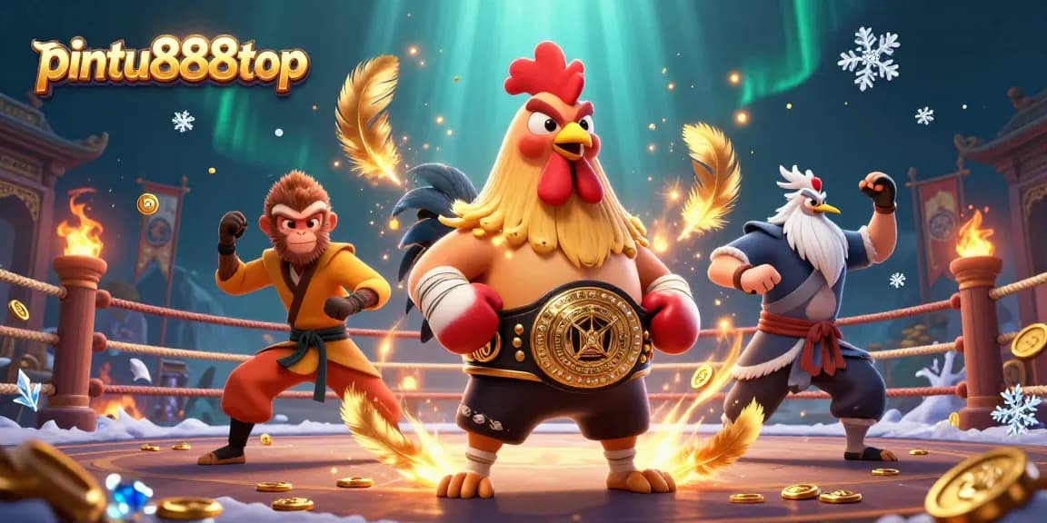 Engage with pintu888top's thrilling atmosphere, featuring a Muay Thai rooster and Shaolin monkey in a vibrant, action-packed scene.