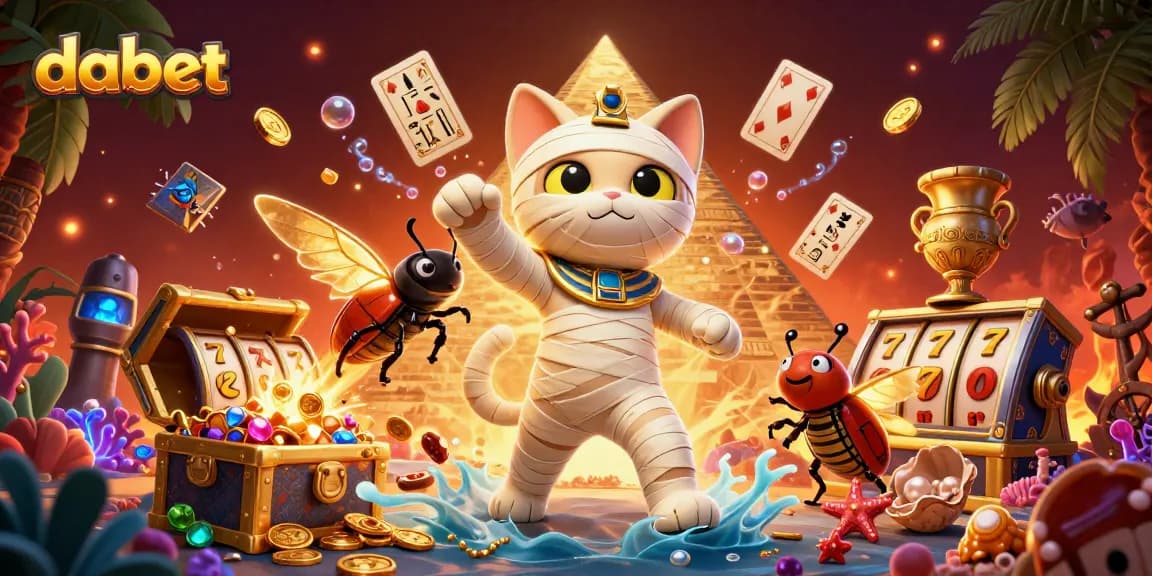 Play slots with dabet, as the vibrant Egyptian mummy cat bursts from a sarcophagus amidst treasures!