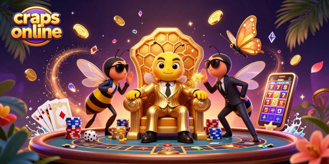 Craps online with a bumblebee mob boss at a casino table, surrounded by vibrant game elements.