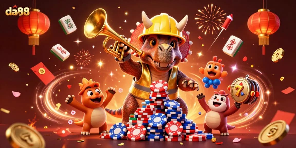 Engage with da88's exciting casino theme featuring dynamic 3D celebration elements and cheerful characters.