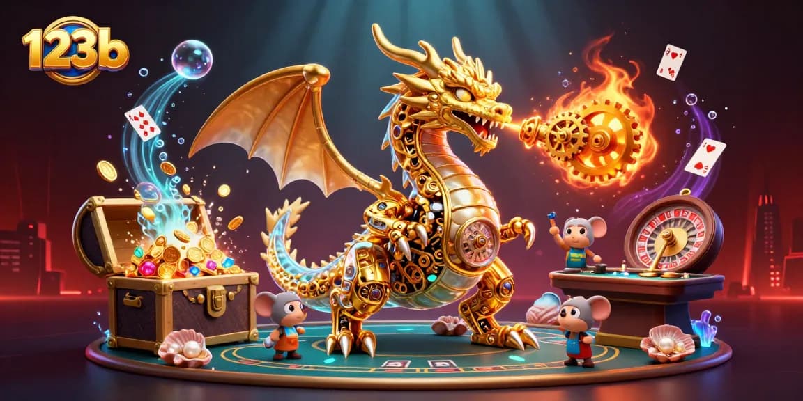 Experience the thrilling casino adventure with 123b, featuring a dragon and vibrant game elements.