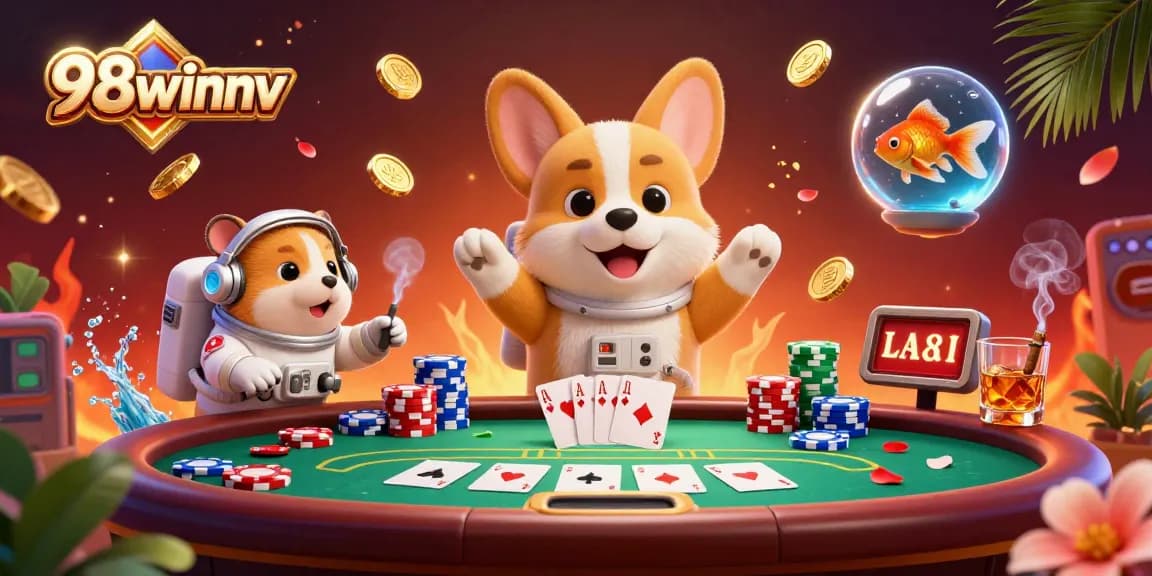 Experience thrilling excitement at 98winnv with an astronaut corgi in a lively casino scene.
