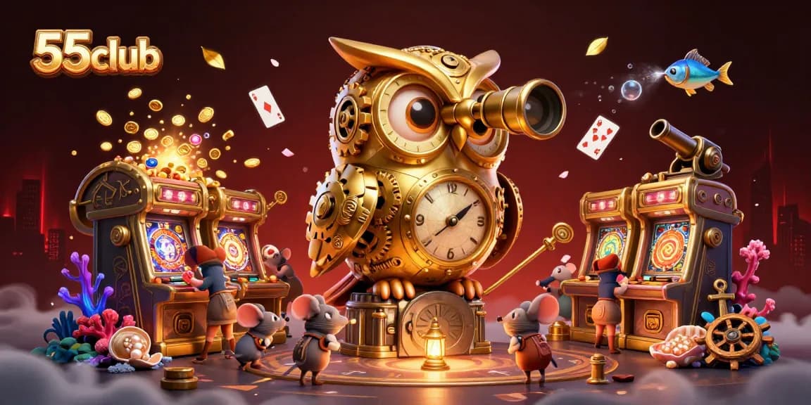 Engage with the interactive 55club casino landscape featuring a golden owl and vibrant gaming elements.