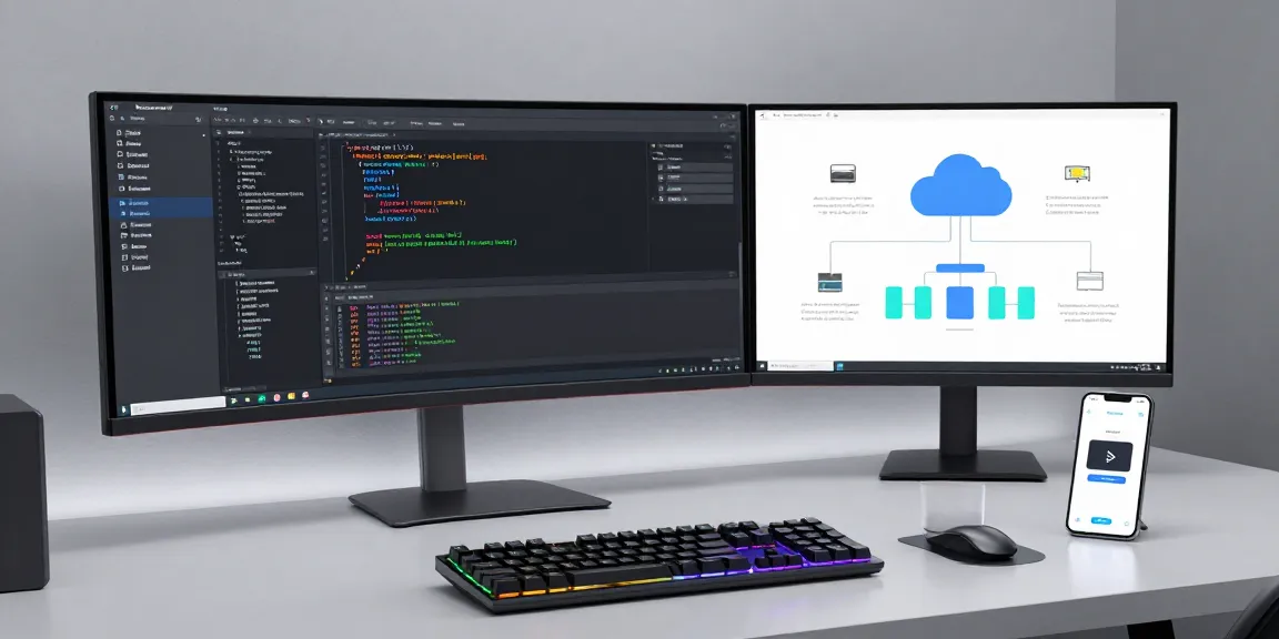 tk88 software development workspace showcasing cloud computing systems and AI technology on multiple monitors.
