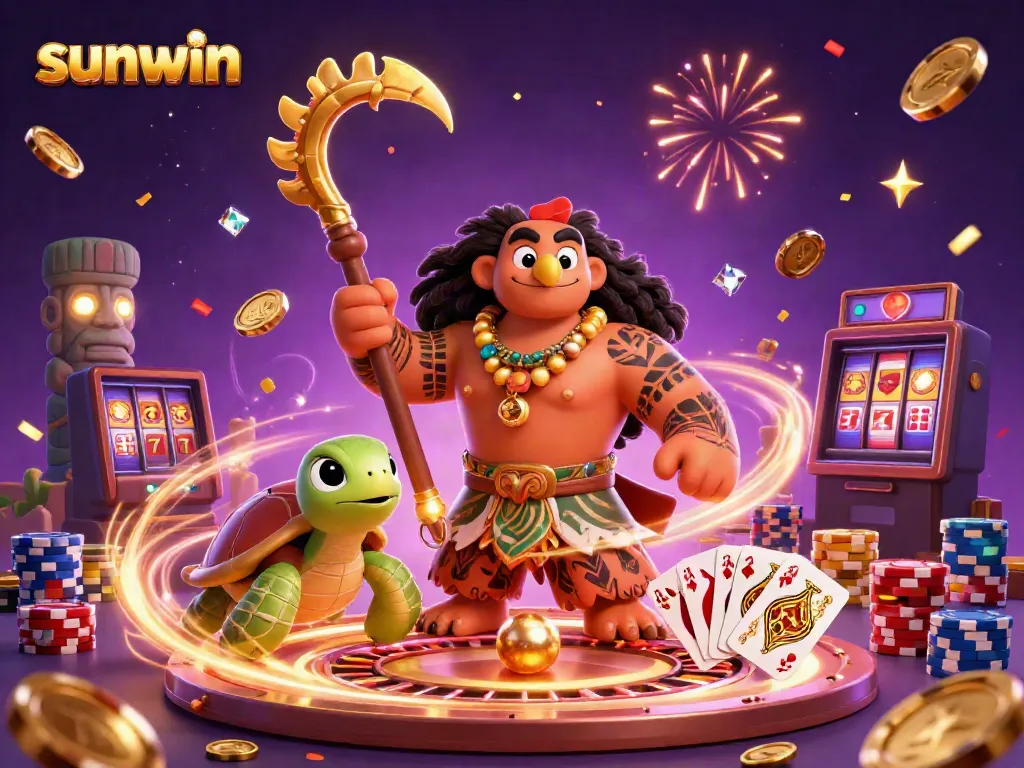 Engage in thrilling gameplay at sunwin with vibrant 3D characters, glowing jewels, and casino elements.