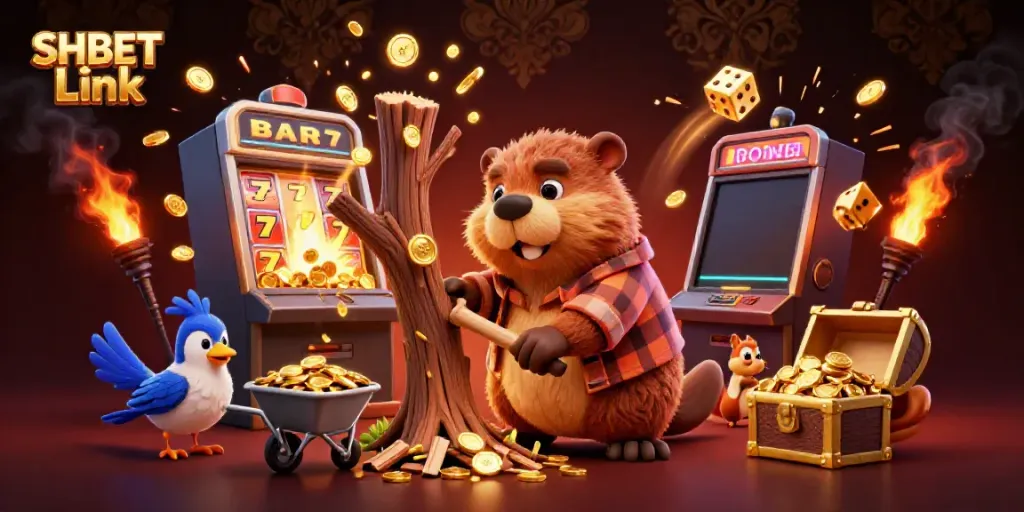 Explore SHBET Link through a vibrant 3D illustration of lively casino characters amidst a jackpot explosion.