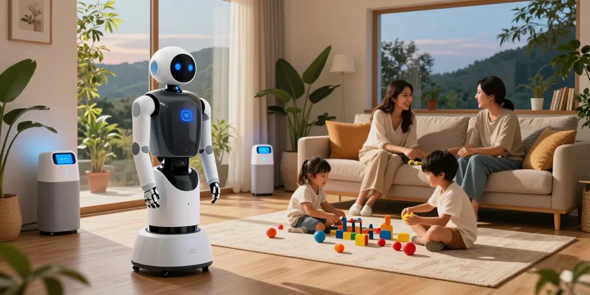 A family interacts in a modern living room with a home robot 2026 assisting in daily chores, showcasing smart home technology.