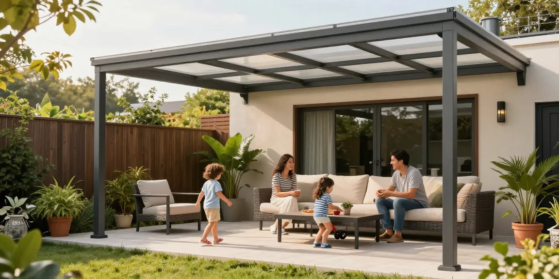 Freistehende Terrassenüberdachung in einem sonnigen Garten mit Familie und Pflanzen.