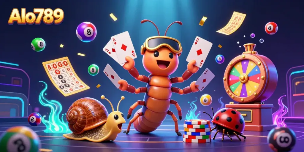 Alo789 features an exciting scene with cartoon dealer and high-roller in a vibrant casino atmosphere.