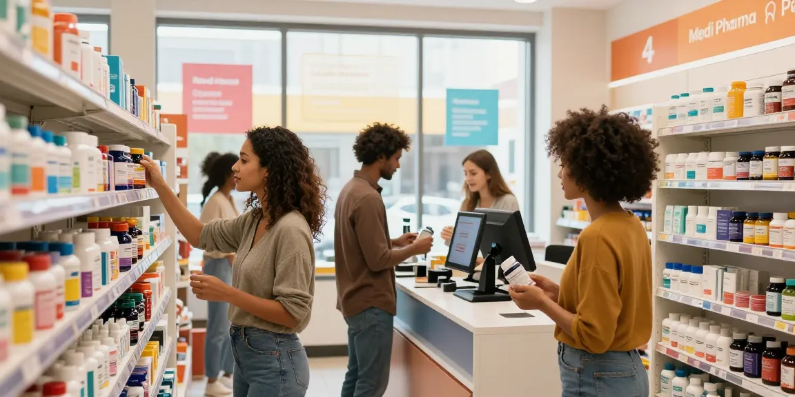 Medi Pharma Shop belebte Apothekenszene mit verschiedenen Kunden, die Gesundheitsprodukte in hellen Regalen erkunden.