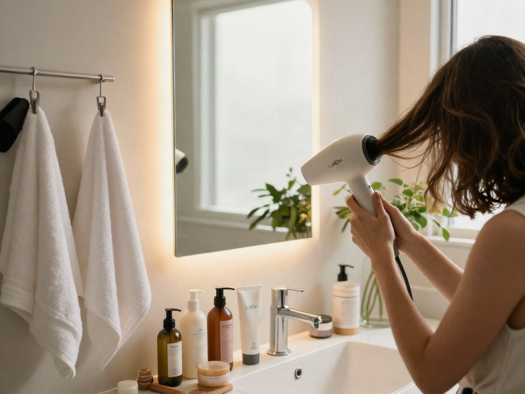 Laifen Haartrockner beim Trocknen von Haaren in einem stilvollen Badezimmer mit Pflegeprodukten