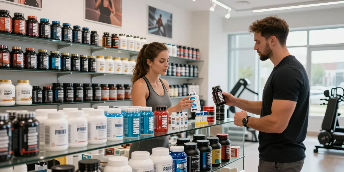 Produkte von Prime Pharma Steroiden in einem lebhaften Fitnessgeschäft, das eine Vielzahl von Nahrungsergänzungsmitteln für Gesundheitsbegeisterte präsentiert.