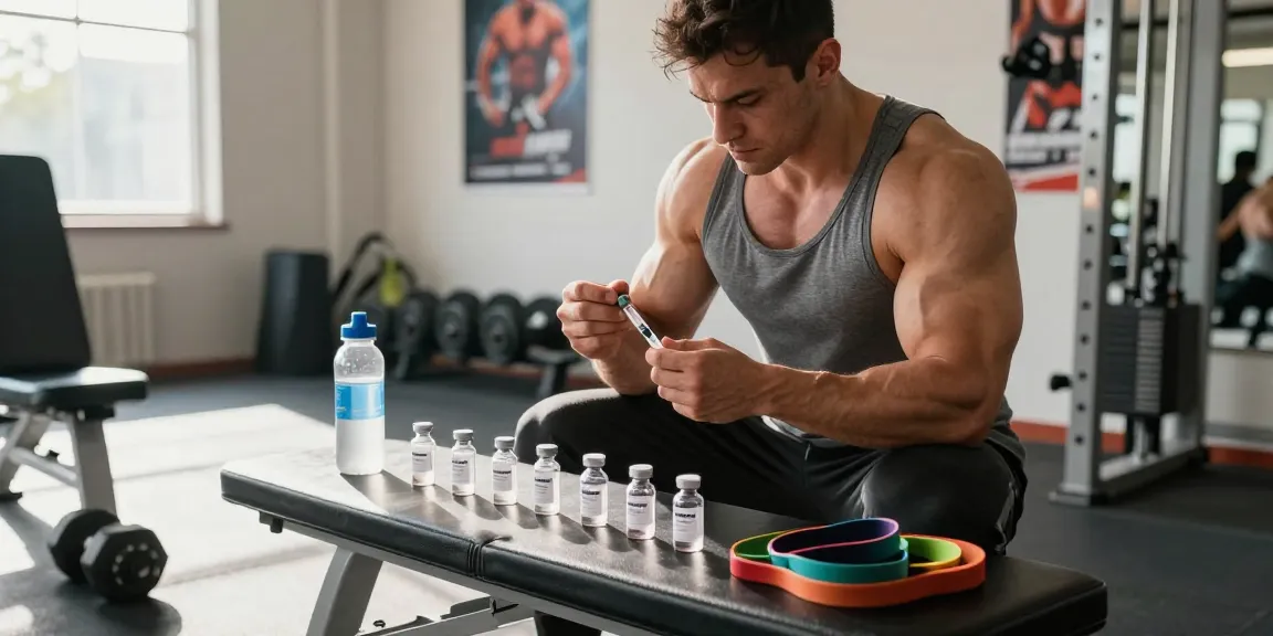 Kraftsportler in einem Anabolika-Shop-Fitnessstudio bereitet injizierbare Steroide mit Vials vor.