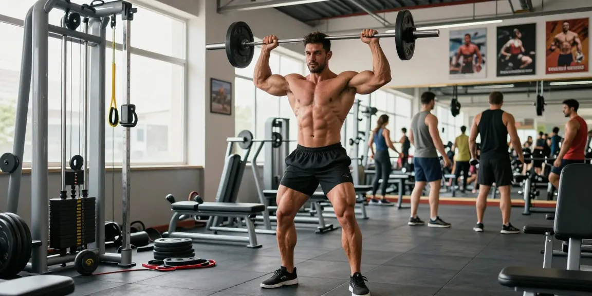 Kraftsportler, der mit Gewichten in einem modernen Fitnessstudio trainiert und Produkte des Anabolika Shop Deutschland präsentiert.