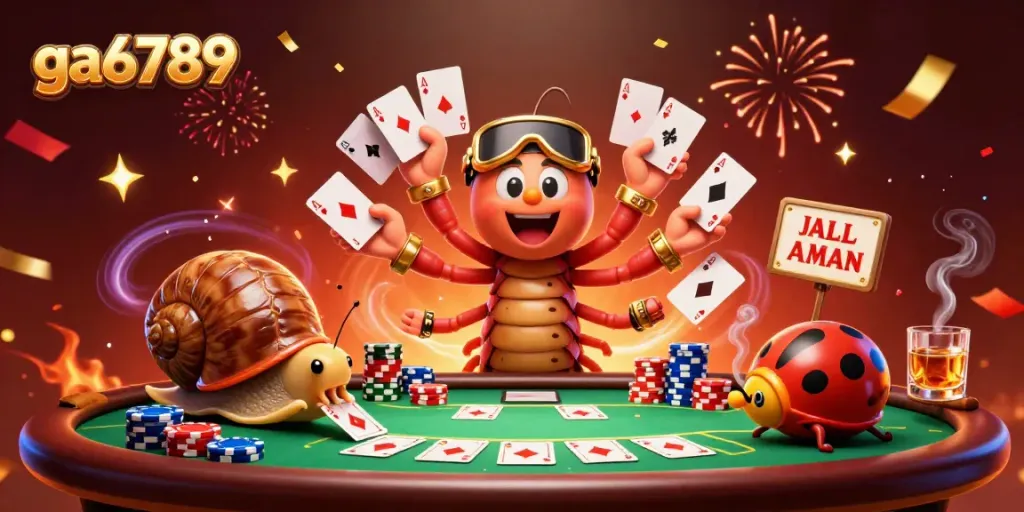 Engage with ga6789 as the millipede dealer dazzles with a fanned hand of poker cards amidst a vibrant casino scene.