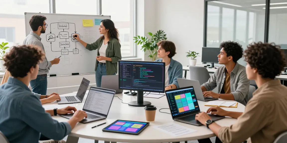 Team collaborating to build internal tools with AI in a modern office setting, showcasing innovation and teamwork.