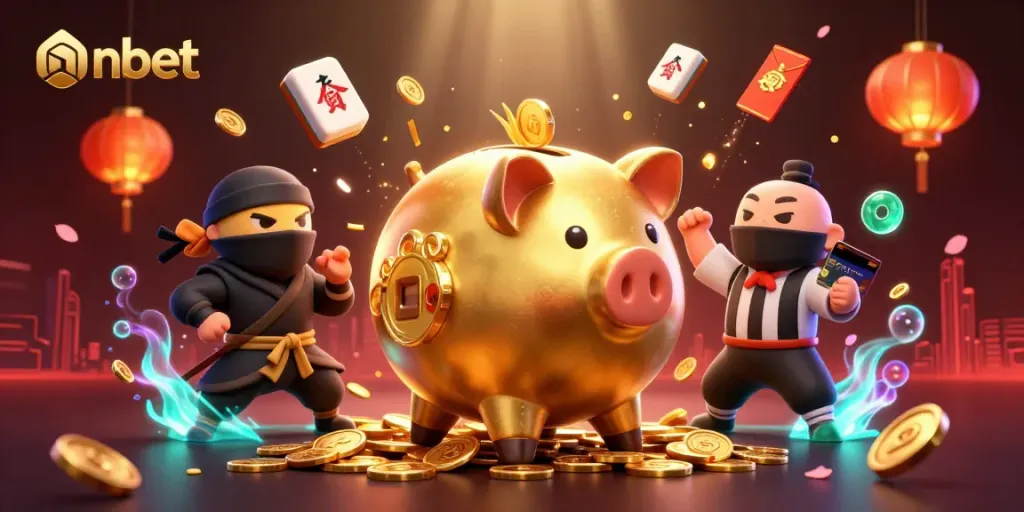 Experience nbet action with a golden piggy bank sumo wrestler amidst vibrant casino elements.