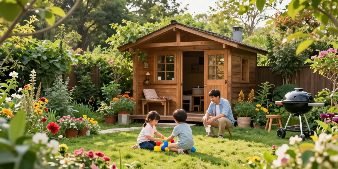 Gemütliches Gartenhaus Holz umgeben von Blumen und spielenden Kindern im Garten.
