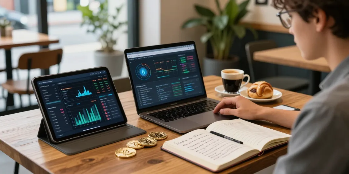 Edimakor Video Editor, Kryptowährung Charts und Blockchain-Analyse am Holztisch in einem modernen Café