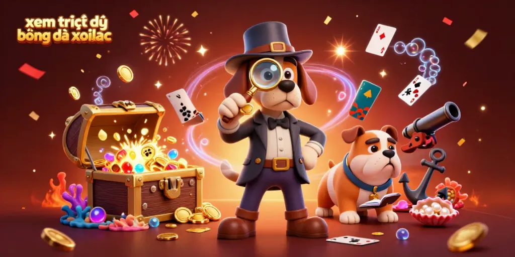 Engaging scene of a cartoon detective and bulldog exploring a treasure, xem trực tiếp bóng đá xoilac themed elements included.