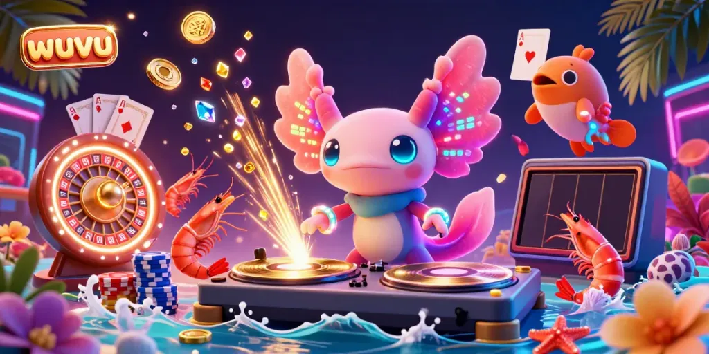 Engaging 3D illustration of the vibrant "wuvu" casino scene featuring an axolotl DJ and playful sea creatures.