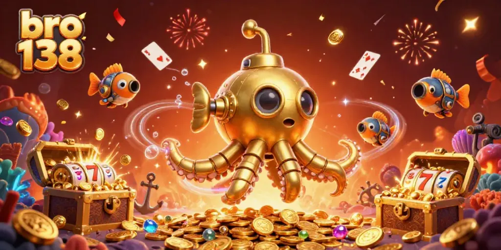 Experience the excitement of bro 138 with a golden kraken casino scene filled with slots and treasures.