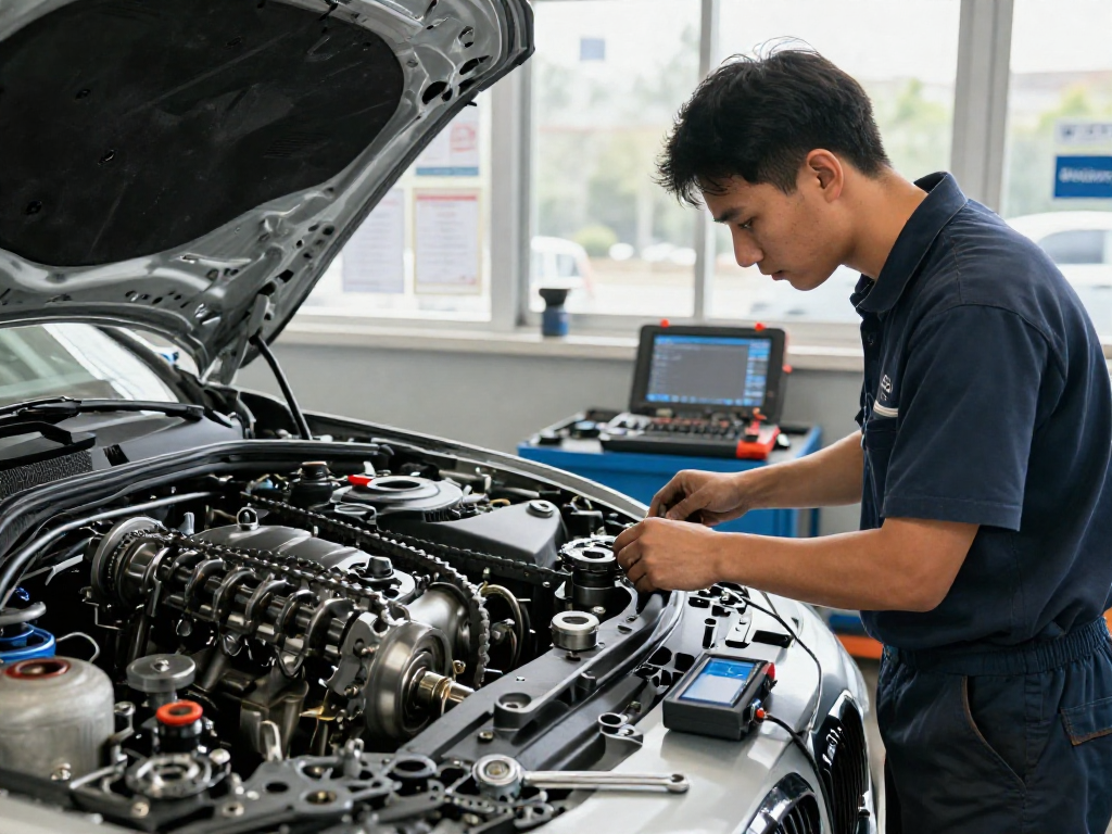 Professioneller Mechaniker bei BMW Steuerkette wechseln in einer modernen Werkstatt.