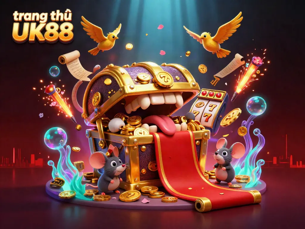 Engage in excitement with the ultra-detailed illustration of trang chủ UK88 showcasing a golden treasure chest luring adventurers.