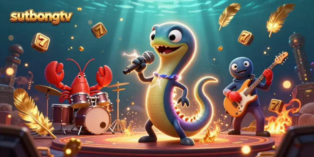 Sutbongtv highlights an underwater casino scene with an electric eel DJ captivating the audience with slot reels and vibrant elements.