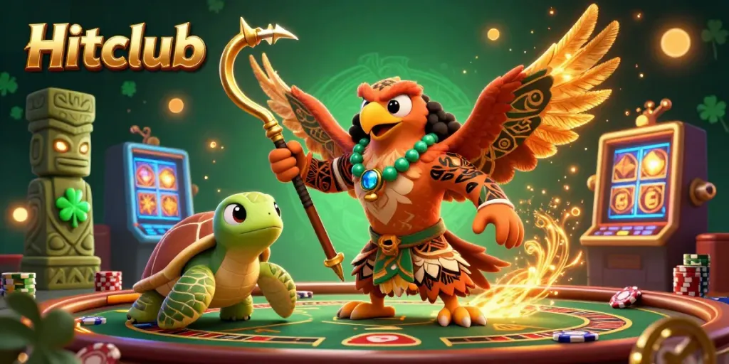 Spin to win at Hitclub with a vibrant casino scene featuring cartoon characters and iconic game elements.