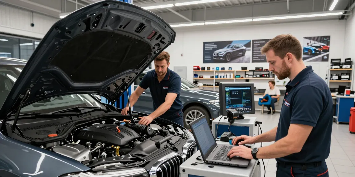 Techniker von BMW Service Hannover, die Fahrzeuge fachkundig in einer modernen Automobilwerkstatt warten.