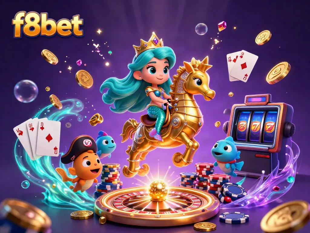 Experience thrilling gaming action with F8BET's vibrant mermaid and seahorse illustration.