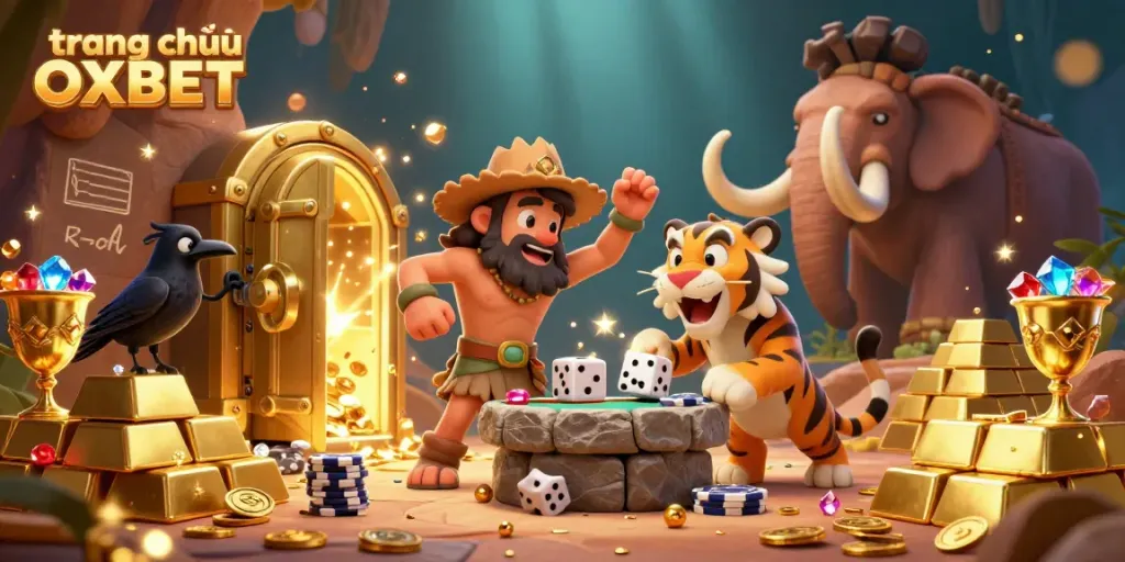 Engage with the stunning trang chủ OXBET, featuring a dynamic prehistoric casino scene with cavemen and vibrant treasure.