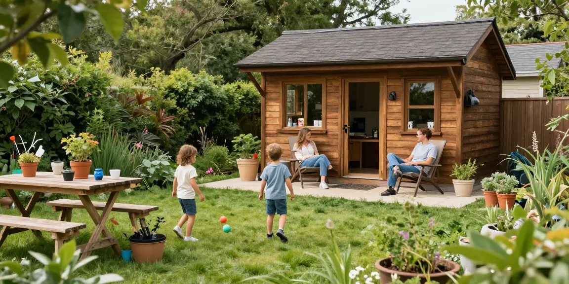 Schönes Gartenhaus in einem gepflegten Garten mit spielenden Kindern und entspannenden Erwachsenen.