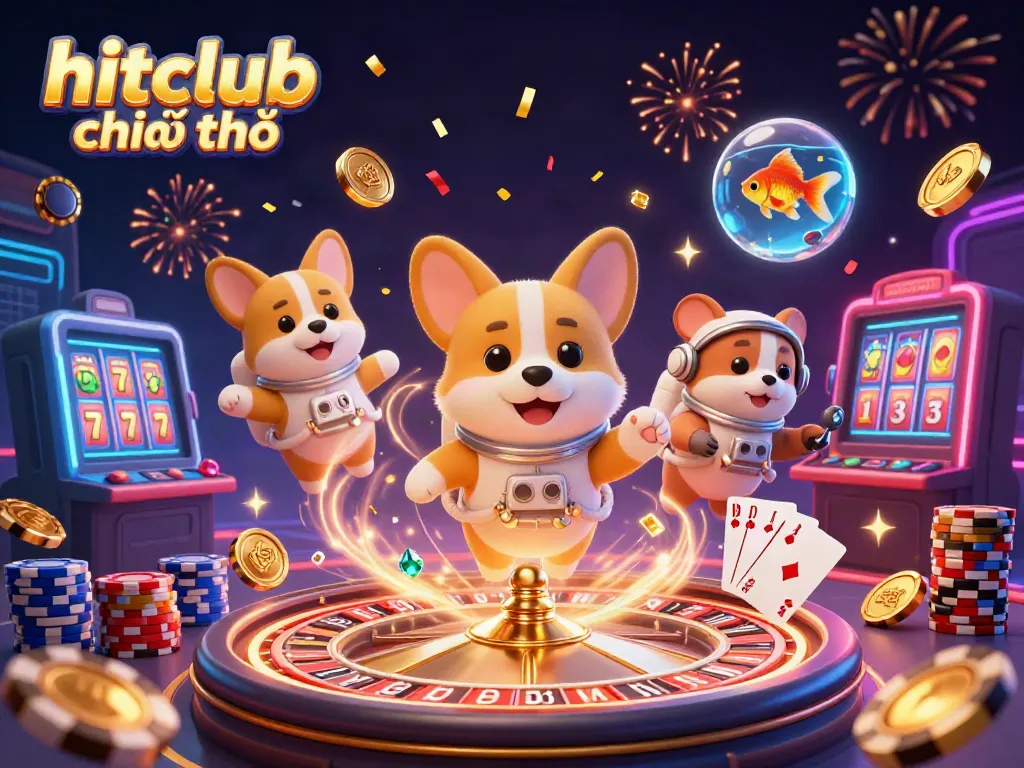 Experience the immersive fun at hitclub chính chủ with floating corgi and cosmic casino elements!