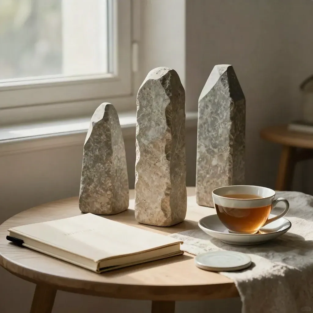 Drei Steinmarker, geschlossenes Notizbuch und Teetasse am hellen Fenster im Coachingraum.
