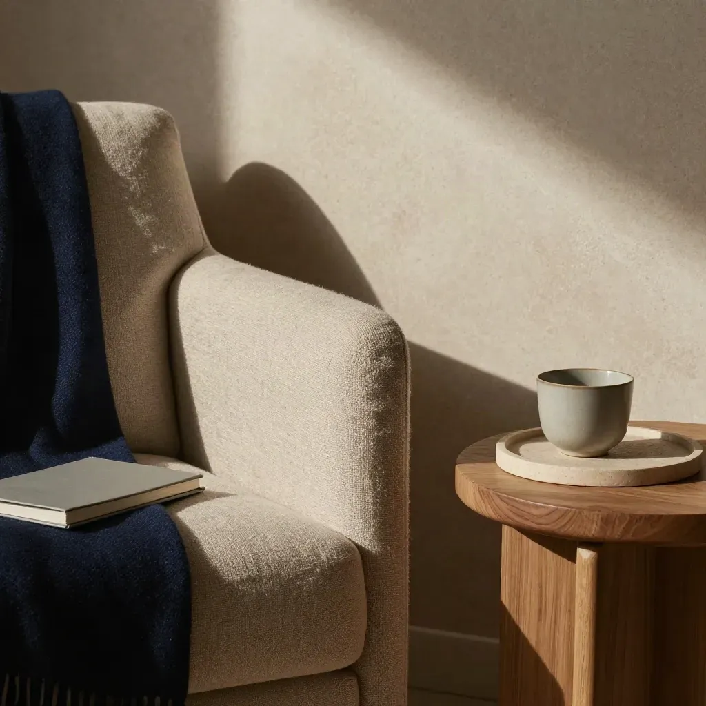 Coaching-Ecke mit Leinenstuhl, Teetablett und geschlossenem Notizbuch im warmen Licht