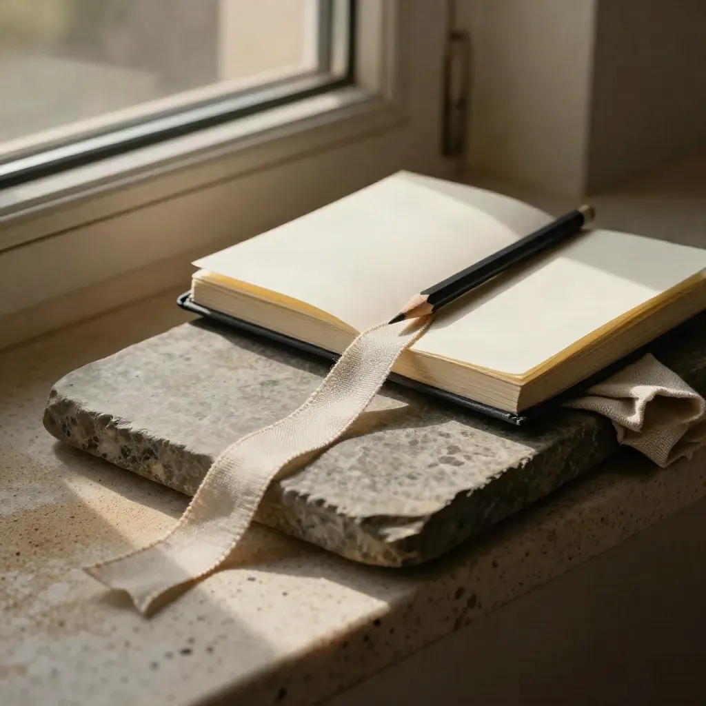 Gefaltetes Leinenband, Journal und gespitzter Bleistift auf Stein im warmen Seitenlicht.