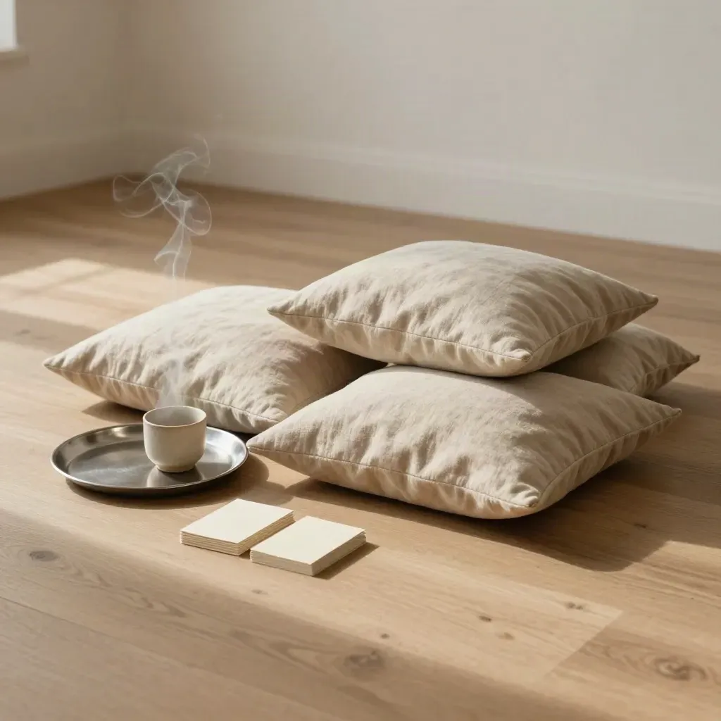 Workshop-Ecke mit Sitzkissen, Teetablett und Karten im hellen Studio, feiner Rauch im Licht.