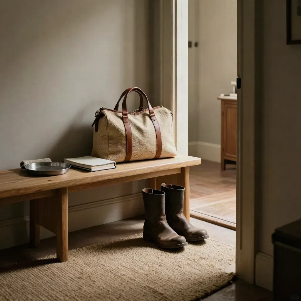 Eingangsbank mit Reisetasche, Stiefeln und geschlossenem Notizbuch im warmen Morgenlicht.