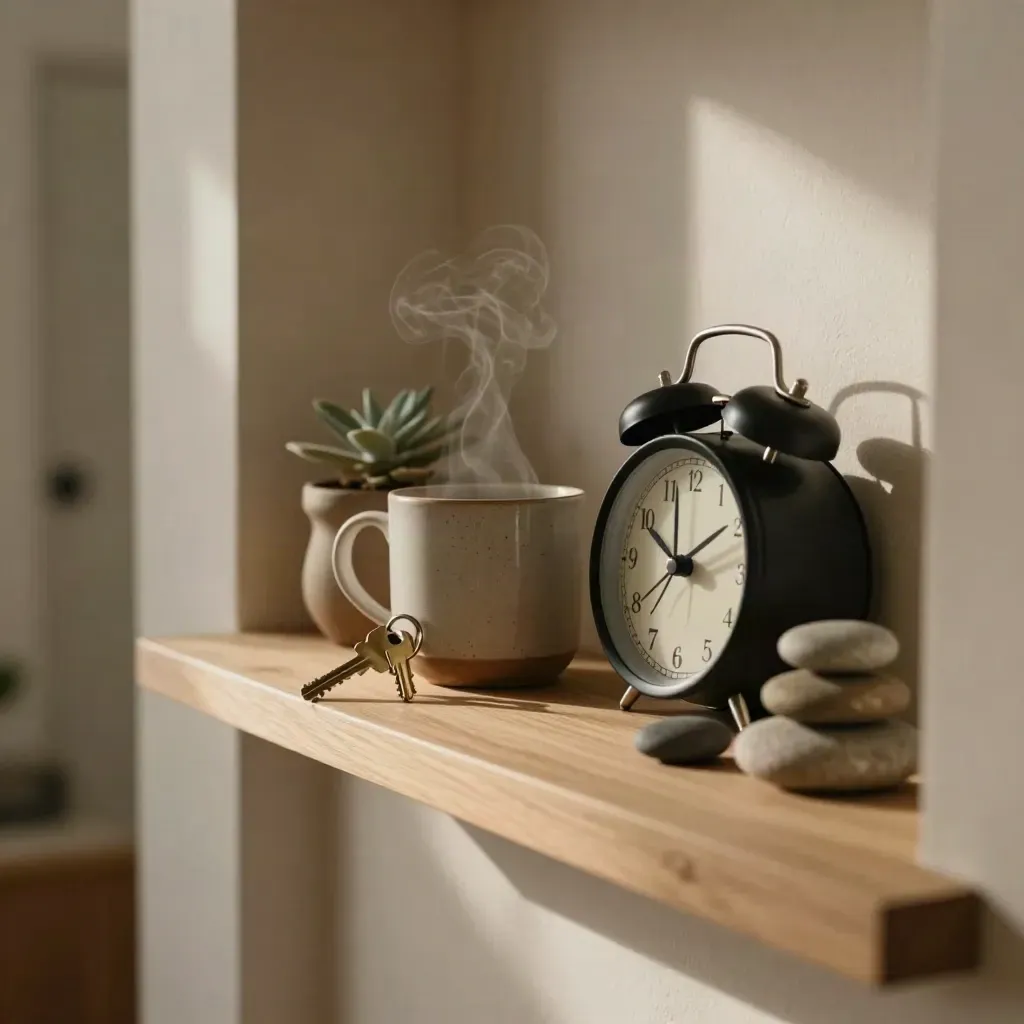 Ordentliche Morgenroutine auf einem Regal mit Schlüssel, Tasse, Wecker, Pflanze und Steinstapel.
