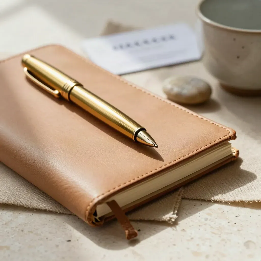 Makro von Ledernotizbuch, Messingstift, Flussstein und Keramiktasse auf Leinenmatte.